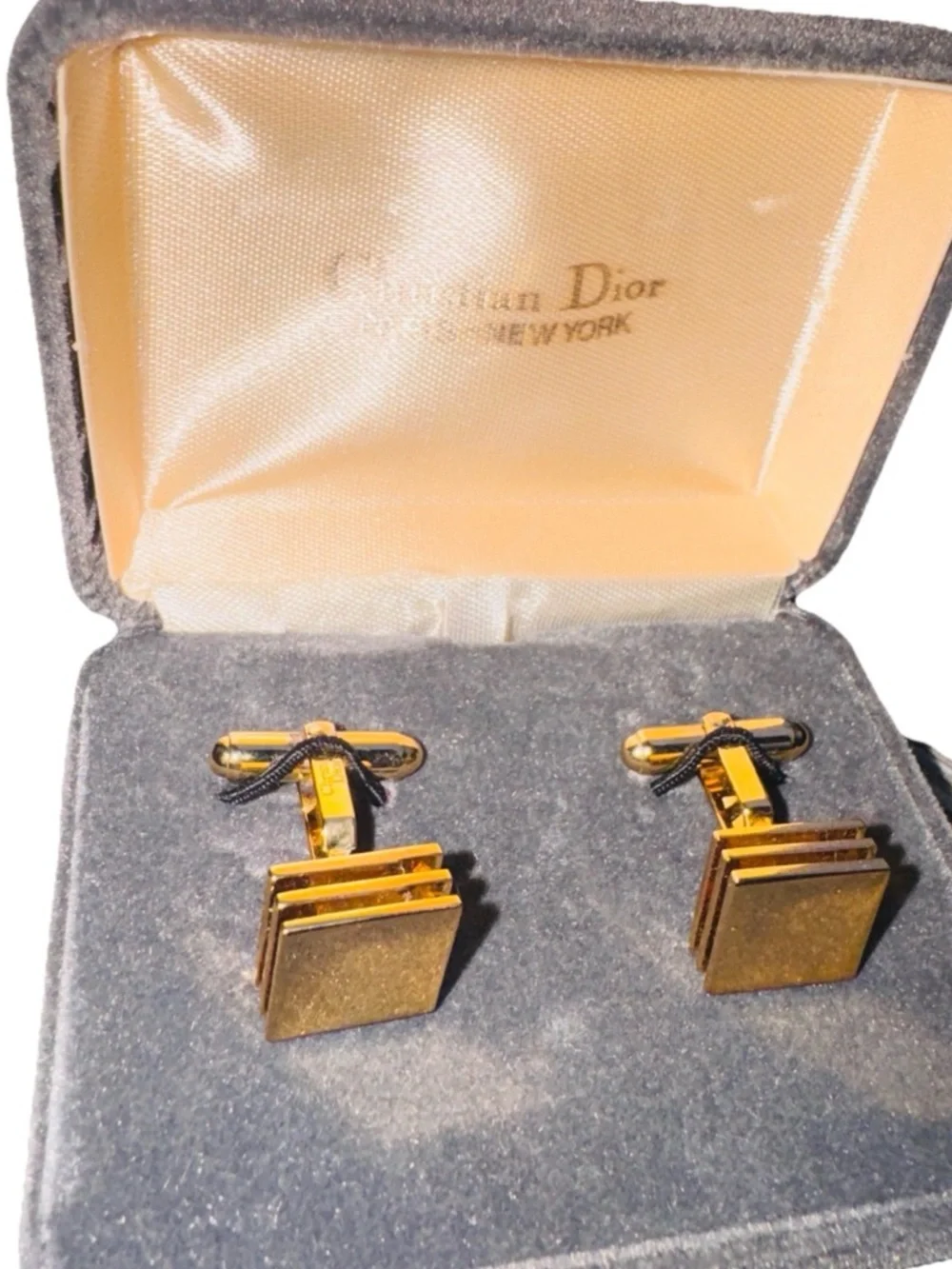 Vintage Christian Dior Gold Tone 3 Tiered Square Cufflinks w Original Box
